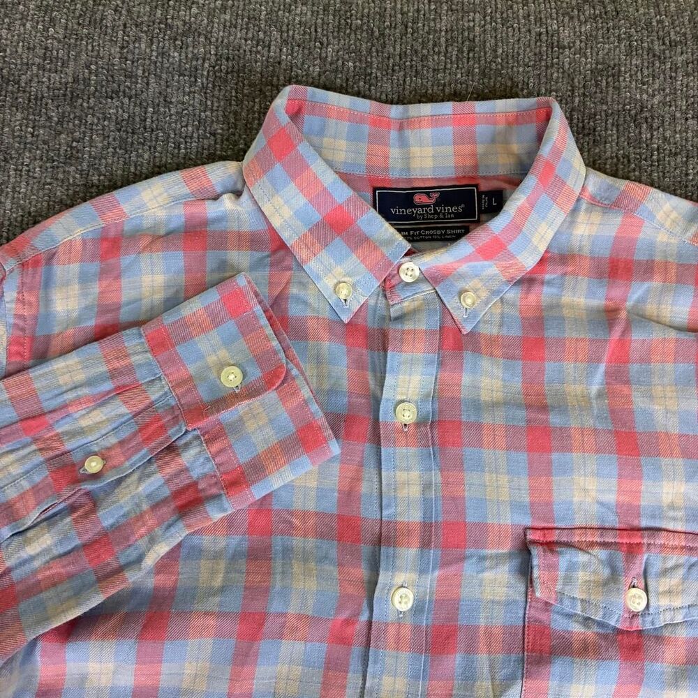 Vineyard Vines Slim Fit Crosby Shirt Plaid Cotton Linen Pink Blue Large